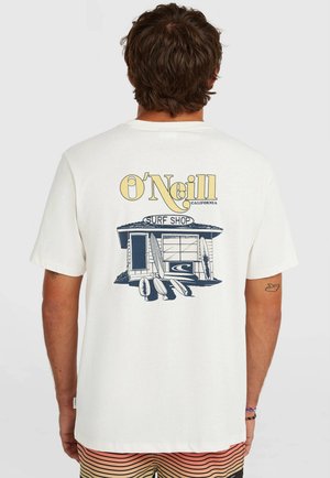 White cotton T-shirt featuring a graphic of a surf shop with the text "O'Neill California" in yellow. Includes three surfboards in the design.