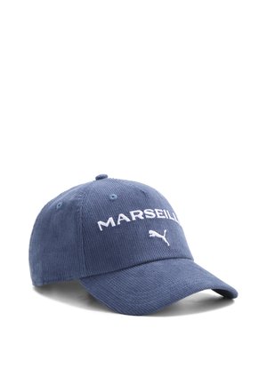 Casquette de baseball en velours côtelé bleu avec texte brodé blanc "MARSEILLE" et logo Puma à l'avant.