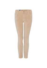 Pantalon beige en velours côtelé coupe slim, avec poches avant, passants de ceinture et fermeture par bouton sur fond blanc.