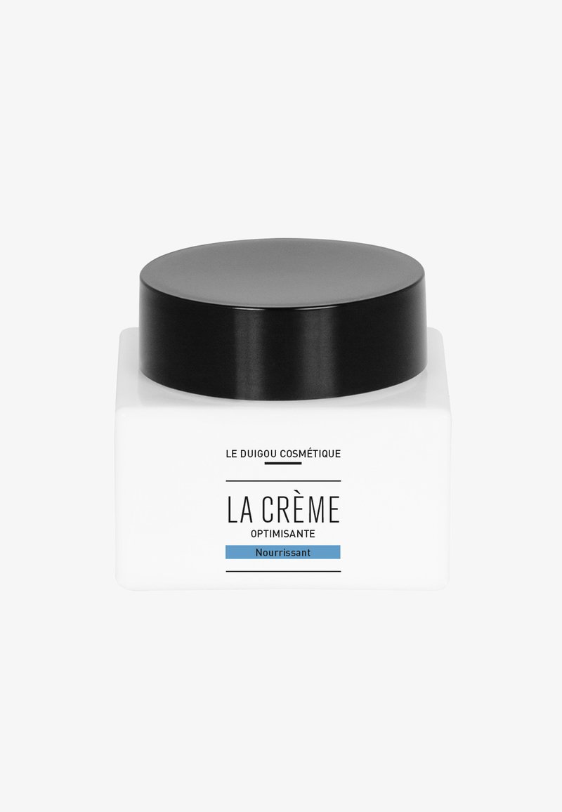 Weißes quadratisches Gefäß mit einem schwarzen runden Deckel. Das Etikett lautet "LA CRÈME" mit "Nourrissant" in Blau. Glatte, glänzende Oberfläche. Schlichtes Design.