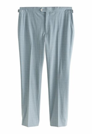 Light blue trousers made of woven fabric, featuring a checkered pattern, flat front, side pockets, and a button closure at the waist.