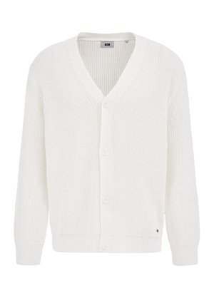 Hvid strikket cardigan med V-hals, lange ærmer, fem knapper foran og ribbede manchetter og kant. Tekstureret stof med et afslappet design.