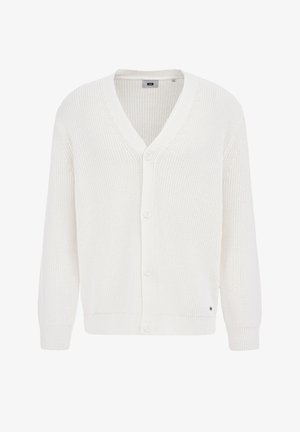 Witte gebreide cardigan met een V-hals, lange mouwen, vijf knopen langs de voorkant en geribbelde manchetten en zoom. Textuurstof met een casual ontwerp.