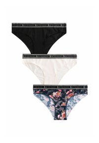 Set of three women's briefs: black, white, and floral-patterned blue. Soft material with a contrasting waistband featuring logo text.