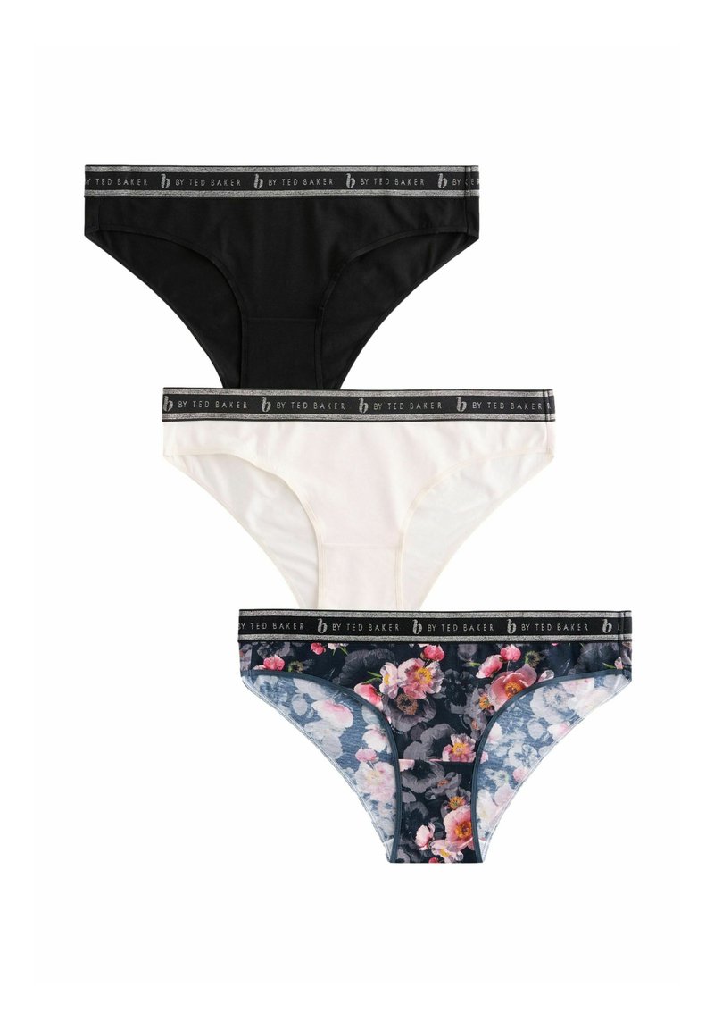 Set of three women's briefs: black, white, and floral-patterned blue. Soft material with a contrasting waistband featuring logo text.