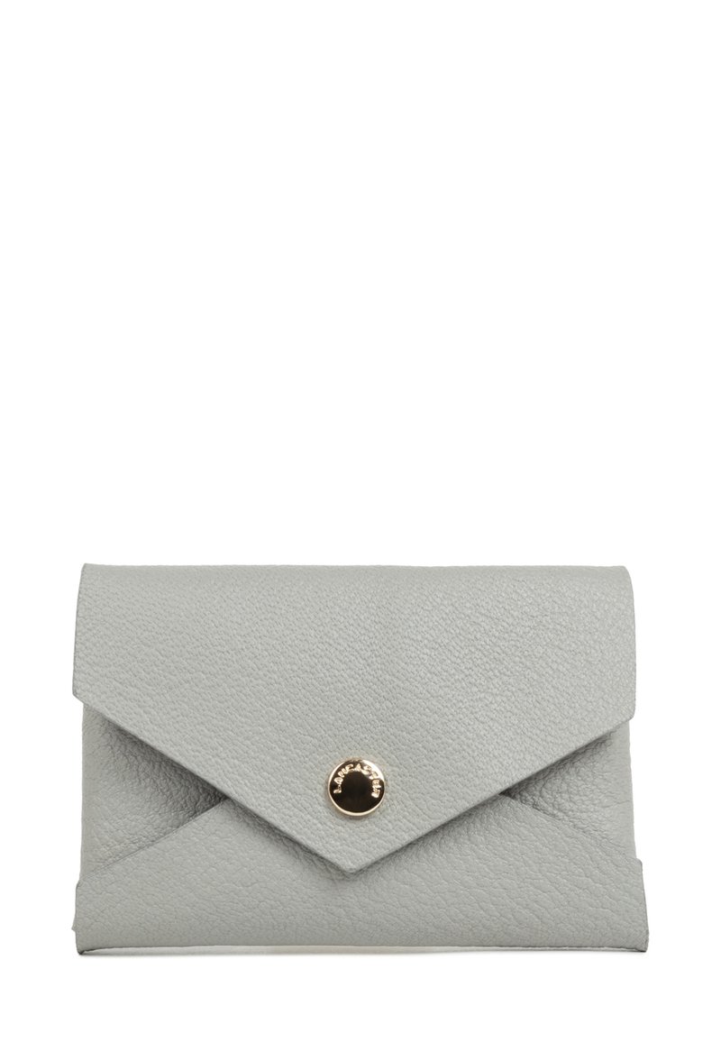 Gray leather wallet with an envelope shape. It features a textured surface and a gold circular snap button closure.