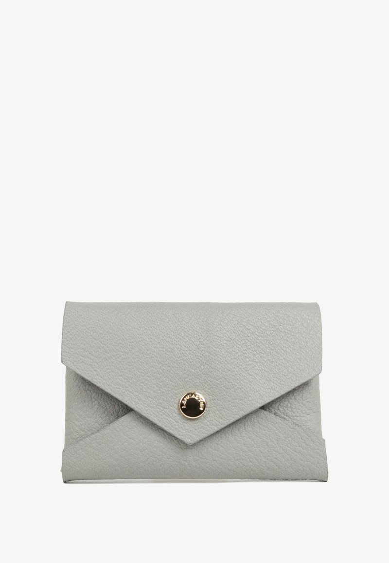 Gray leather wallet with an envelope shape. It features a textured surface and a gold circular snap button closure.
