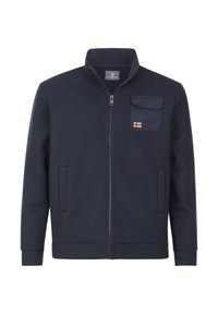 Marineblaue Reißverschlussjacke aus strukturiertem Stoff, mit einer Brusttasche mit Klappe und einem Emblem, sowie Seitentaschen und gerippten Bündchen.