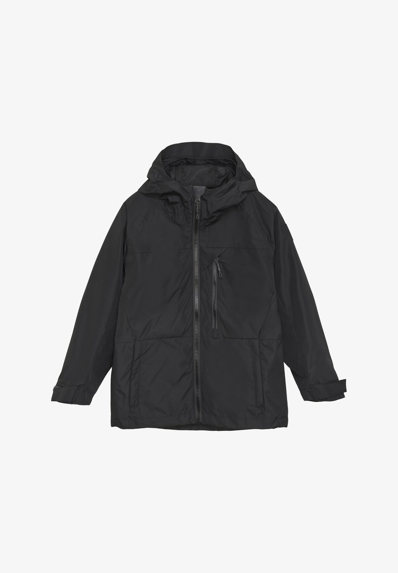 Svart vattentät jacka med huva, framdragkedja, två stora fickor och en mindre bröstficka; har en avslappnad passform och justerbara ärmmuddar.