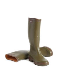 Green rubber rain boots with brown accents, high shaft, textured soles, and logo tag. Design suitable for wet conditions.