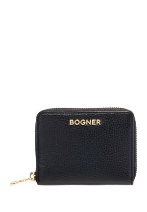 Portefeuille zippé en cuir noir texturé avec logo "BOGNER" doré et curseur de fermeture éclair assorti en or sur fond blanc.