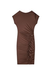 Abito marrone aderente realizzato in materiale elasticizzato, con maniche a cappuccio e dettaglio arricciato sui lati, impreziosito da una piccola zip.