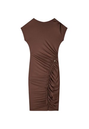 Abito marrone aderente realizzato in materiale elasticizzato, con maniche a cappuccio e dettaglio arricciato sui lati, impreziosito da una piccola zip.