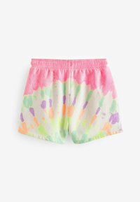 Shorts en coton léger arborant un motif tie-dye dans les tons rose, vert, orange et violet, avec une taille élastique et une coupe décontractée.