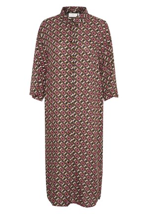 Langes Hemdkleid aus leichtem Stoff mit einem auffälligen, kreisförmigen Blumenmuster in Pink- und Schwarztönen, mit Dreiviertelärmeln.