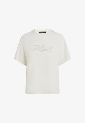 T-shirt bianca a maniche corte con "Karl" ricamato sul petto in stile corda, con scollo rotondo e etichetta interna con marchio.