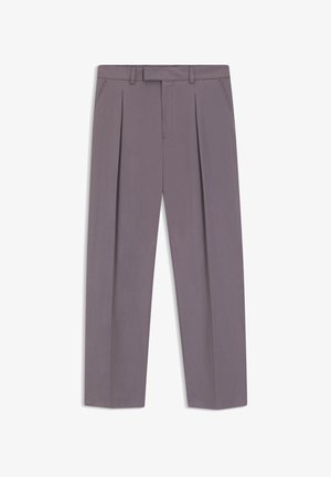 Men's gray tailored trousers with pleats, side pockets, belt loops, and a front zipper closure on white background.