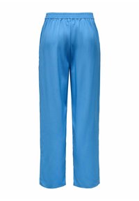 Pantalon bleu léger en tissu tissé avec une taille élastique, une coupe droite et une texture lisse, adapté pour un usage décontracté.