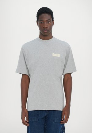 Gray cotton t-shirt with short sleeves, round neckline, and a subtle logo printed on the left side. The fabric appears smooth and casual.