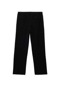 Svarta byxor med rak passform, tillverkade av slät tyg, med två bakfickor och en ren midjeband. Inga synliga mönster eller detaljer.