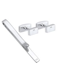 Clip cravatta di tonalità argento e gemelli rettangolari con finitura lucida. I gemelli presentano la scritta incisa '925' per attestare la qualità dell'argento sterling.