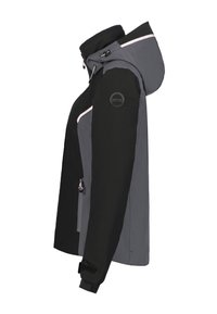 Giacca nera e grigia con cappuccio, dotata di chiusura con zip, cordini regolabili e polsini imbottiti. Include un logo circolare sulla manica.