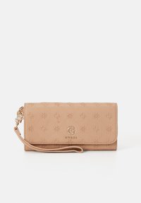 Guess wallet in soft beige faux leather with embossed pattern, gold hardware, and detachable wrist strap. Compact rectangular shape.