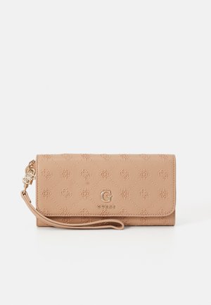 Guess wallet in soft beige faux leather with embossed pattern, gold hardware, and detachable wrist strap. Compact rectangular shape.