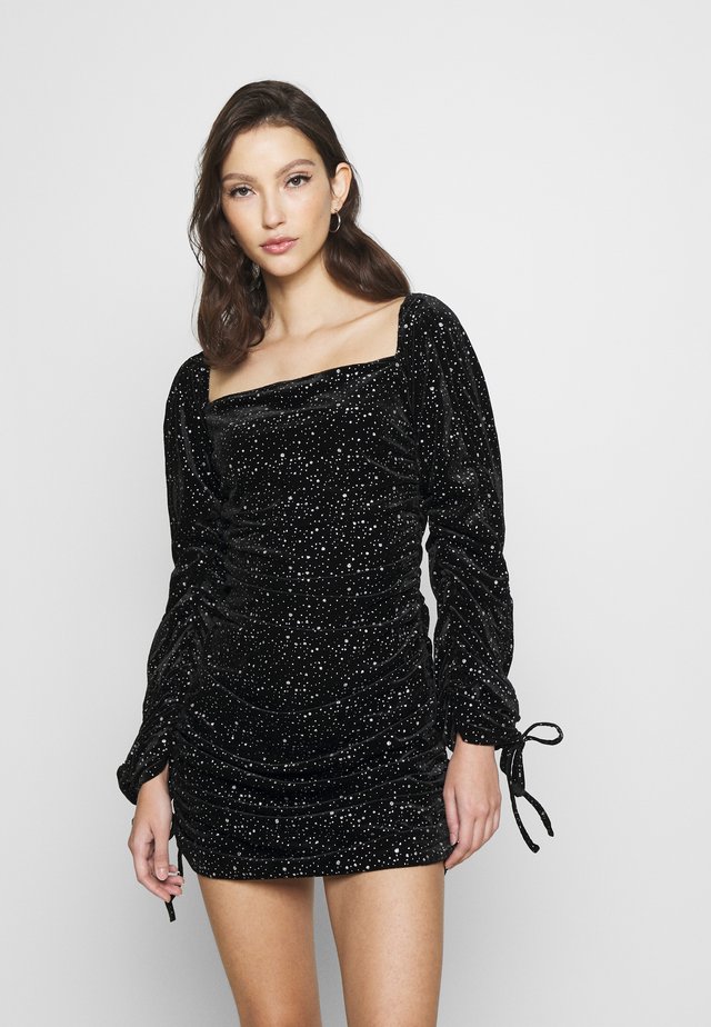 COSTELLO TIE SLEEVE RUCHED GLITTER DRESS - Robe fourreau - black