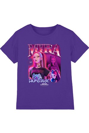 Purple t-shirt featuring a graphic of a confident female character with long hair, surrounded by neon lights and text "MIRA" and "HUNTRIX".