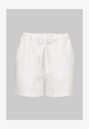 White cotton shorts with an elastic waistband, drawstring closure, and side pockets, featuring a smooth texture and relaxed fit.
