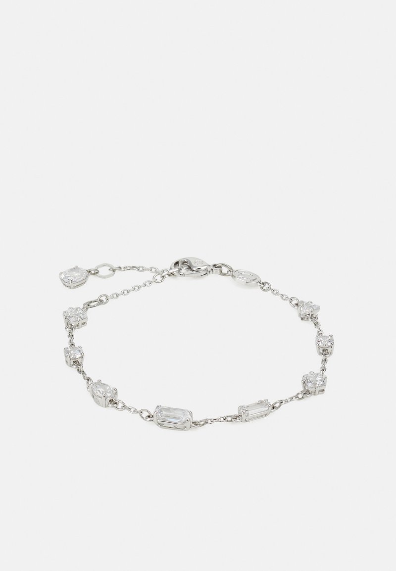 Bracciale in argento con gemme rettangolari trasparenti e rotonde alternate, montate su anelli metallici e chiusura a moschettone.