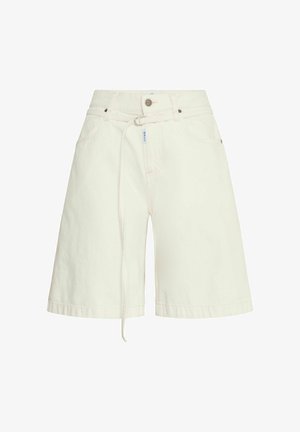 Lysbeige denimshorts med en afslappet pasform, bæltestropper, forlommer og snøre i taljen. Glat tekstur.