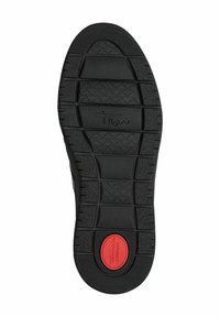 Talpa de pantof din cauciuc negru cu un model texturat ce include striatii, un accent circular roșu etichetat "Confort" și un logo aproape de zona vârfului.