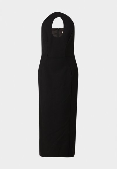 Μαύρο αμάνικο φόρεμα με ψηλό λαιμό, άνοιγμα στην πλάτη και εφαρμοστή σιλουέτα που φτάνει μέχρι τα γόνατα. Λεπτό ύφασμα και ελάχιστες ραφές.