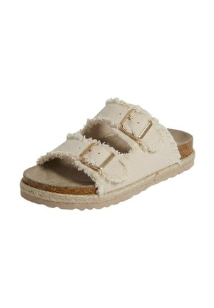 Sandalo in tessuto beige con bordi sfrangiati, doppie fibbie regolabili, soletta in sughero e suola testurizzata per un look casual.