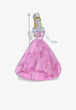 Kryształowa figurka księżniczki w różowej sukni o fasetowanym wzorze, z tiarą i trzymającej berło zakończone kryształem.