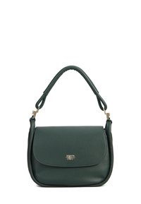 Borsa a tracolla in pelle verde con un design strutturato, chiusura a patta, manico corto e hardware in tonalità oro. Presenta una superficie testurizzata.