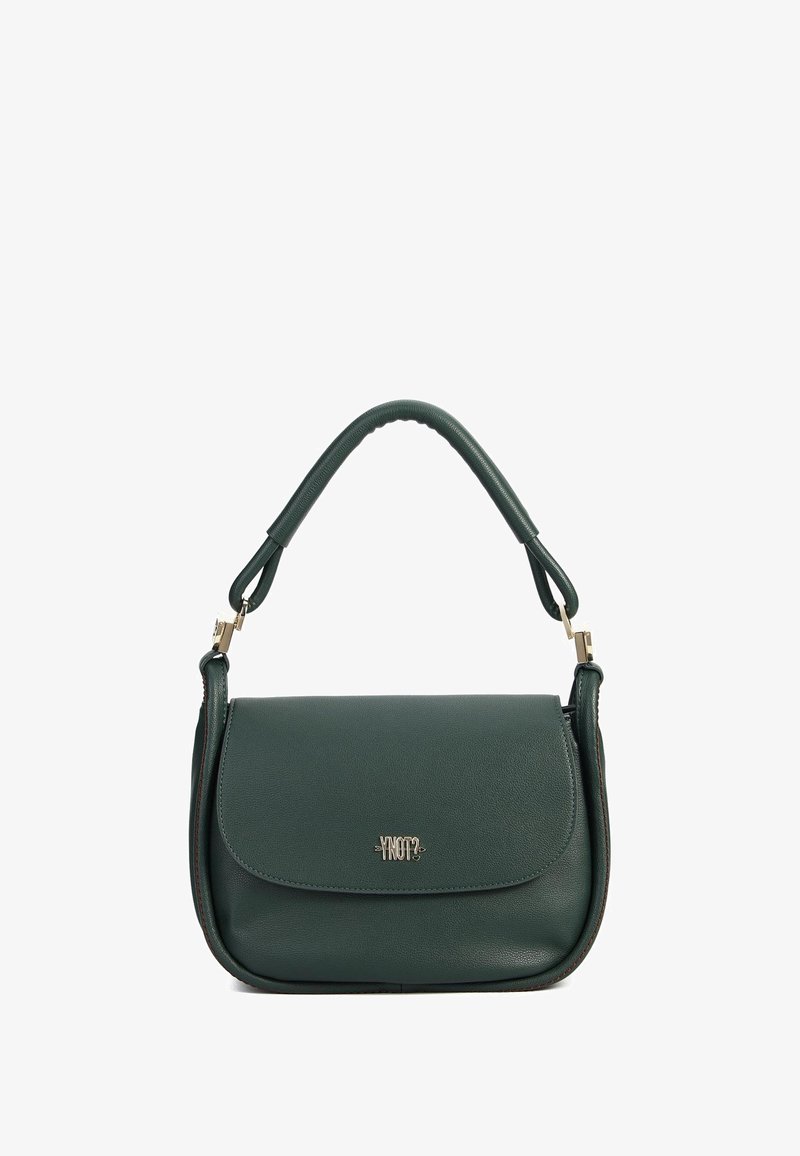 Borsa a tracolla in pelle verde con un design strutturato, chiusura a patta, manico corto e hardware in tonalità oro. Presenta una superficie testurizzata.