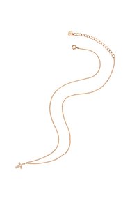 Guldtonad kedja med en delikat, tunn design. Utrustad med ett litet korsaccessoar prytt med klara stenar.