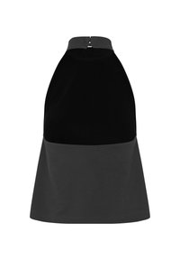 Top senza maniche nero e grigio con scollatura alta, realizzato in un mix di velluto e tessuto liscio, con chiusura posteriore a gancio e forma a trapezio.