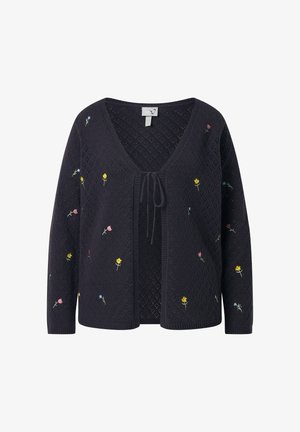 Cardigan in maglia blu navy con maniche lunghe, scollo a V, chiusura frontale con laccio e piccoli fiori ricamati gialli, rosa e blu sparsi sul tessuto.
