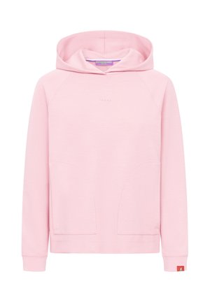 Jasnoróżowa bluza z kapturem z przednimi kieszeniami kangur, ściągaczami na mankietach i małą metką marki na lewej mankiecie rękawa.
