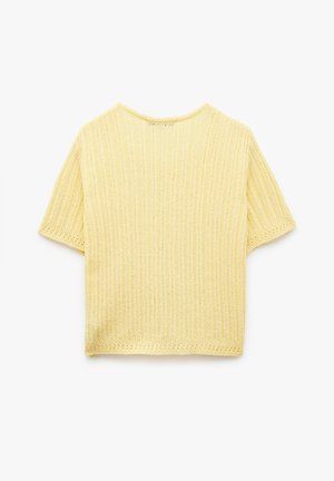 Gelbes gestricktes Oberteil mit kurzen Ärmeln, gerippter Textur, runder Ausschnitt und lockerer Passform. Hat ein einfaches, klares Design.