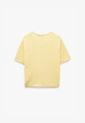 Gelbes gestricktes Oberteil mit kurzen Ärmeln, gerippter Textur, runder Ausschnitt und lockerer Passform. Hat ein einfaches, klares Design.