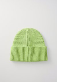 Knit beanie in bright lime green, featuring ribbed texture, a foldable cuff, and a rounded top with vertical seam detail.