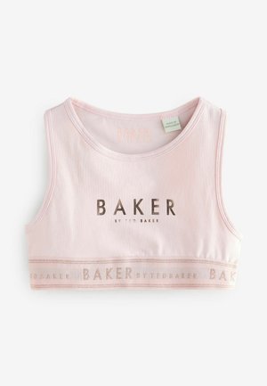 Šviesiai rožinė trumpa palaidinė, pagaminta iš minkštos medžiagos, su apvaliu iškirpimu. Yra "BAKER" logotipas metaliniu spaudiniu ir raštuotas elastingas kantas.