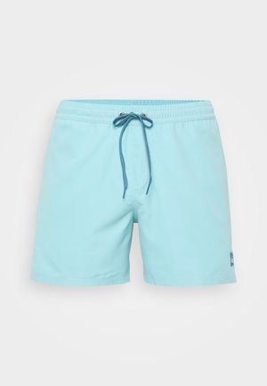 Jasnoniebieskie szorty kąpielowe z miękkiego materiału, z regulowanym paskiem na talii i małą łatą z logo w dolnym prawym rogu.