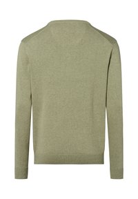 Zielony sweter dzianinowy, okrągły dekolt, długie rękawy, gładka faktura, prążkowane wykończenie u dołu i przy mankietach. Prosty design bezszwowe ramiona, widok z tyłu.