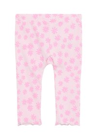 Rosafarbene Leggings mit einem elastischen Bund, die ein sich wiederholendes Blumenmuster aufweisen. Der Stoff ist weich, glatt und hat einen leichten Glanz. Mit gewelltem Saum.